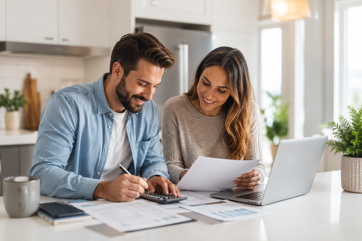 Couple sitting at their kitchen counter going over financial planning