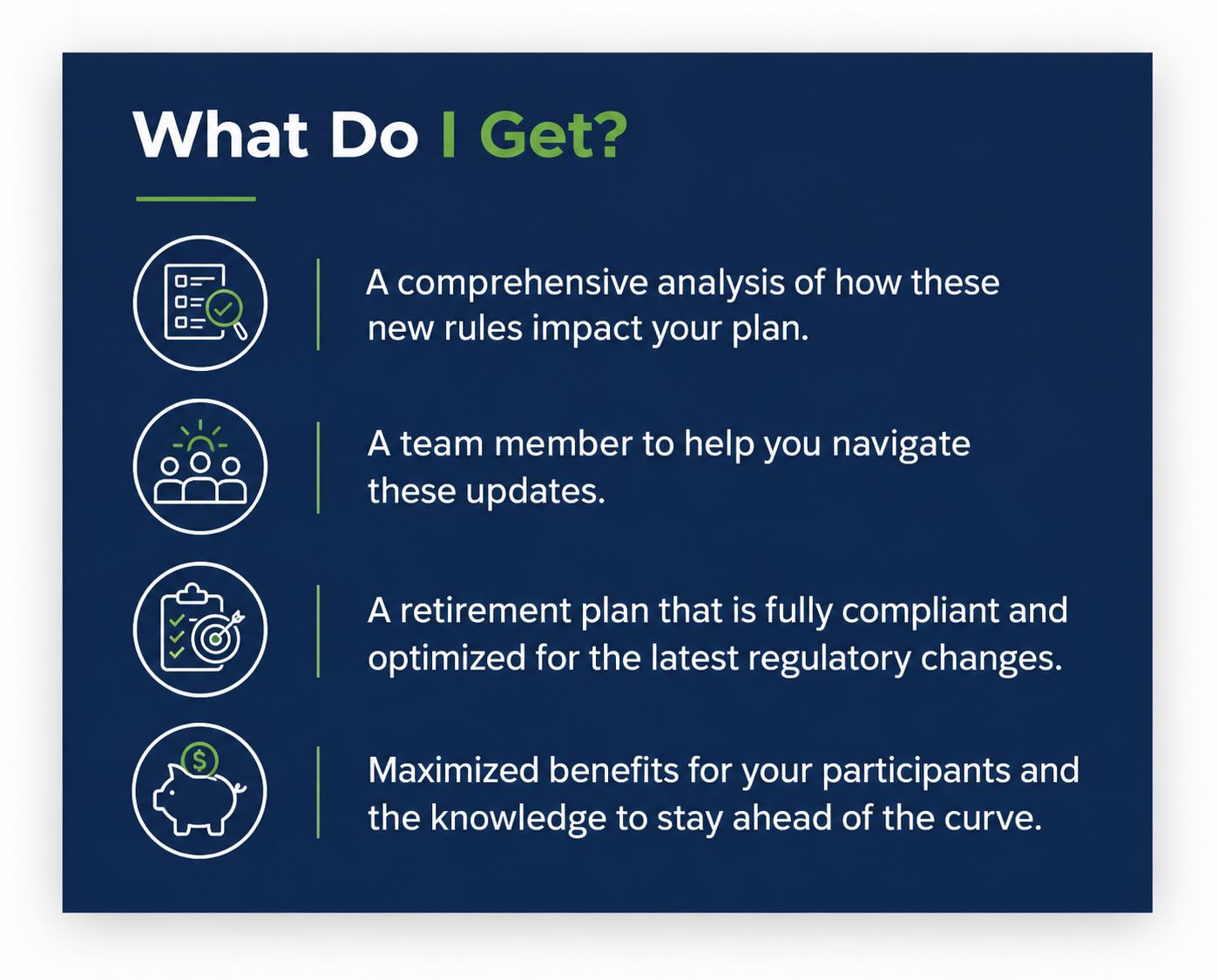 Infographic outlining benefits- comprehensive rule analysis, team support, compliant retirement plans, and maximized participant benefits.