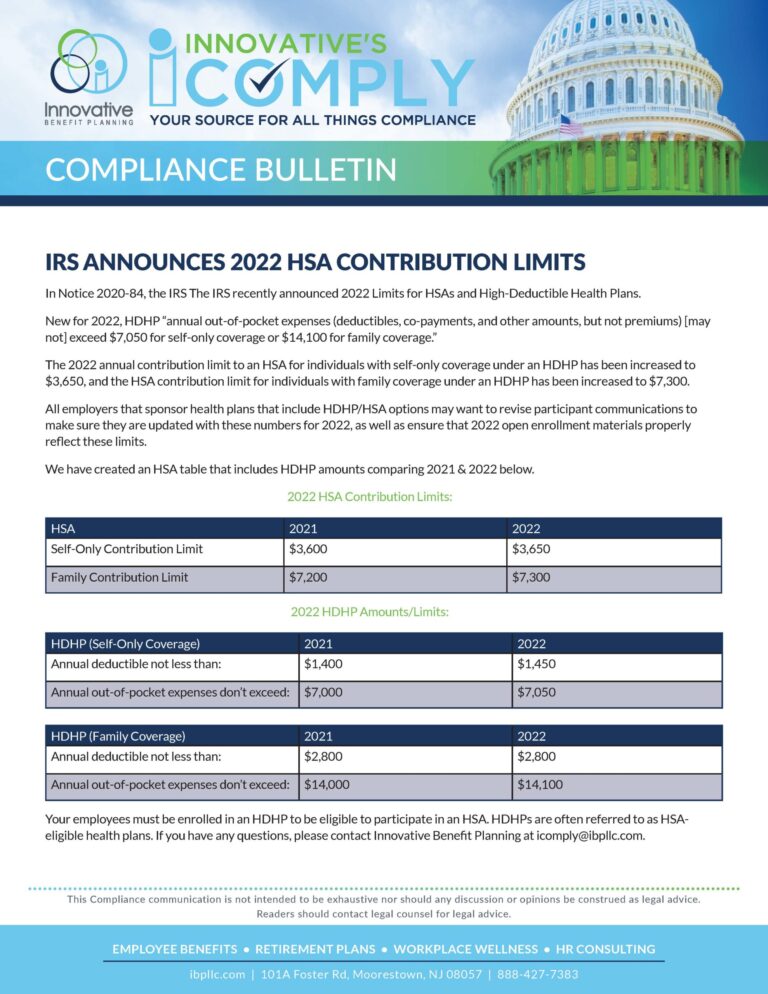 A compliance bulletin detailing 2022 HSA contribution limits and HDHP amounts, with updated figures and guidelines for employers and employees.
